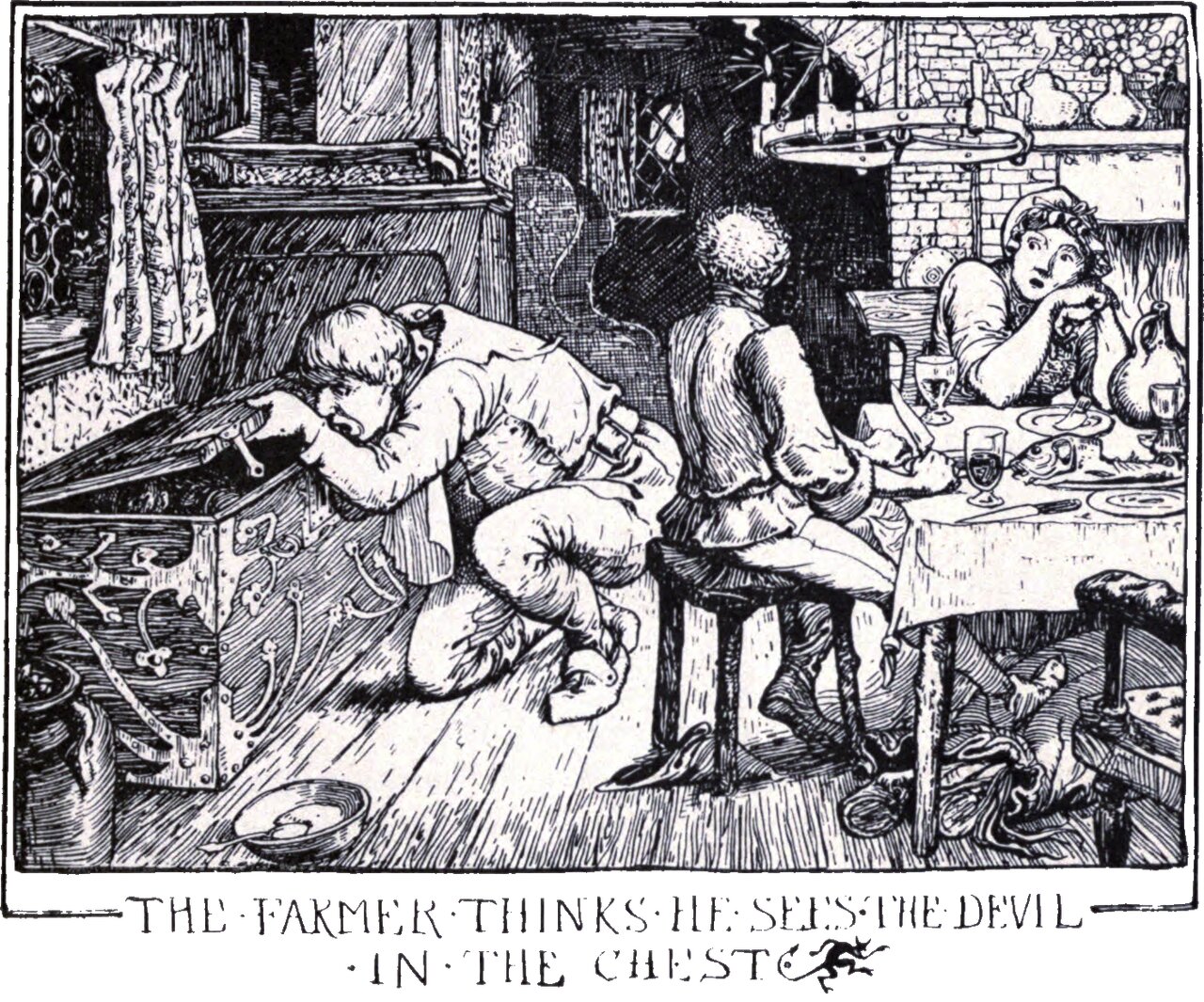 A farmhouse kitchen. At the left a bearded man kneels on the floor and leans into a large iron-bound chest, lifting its lid. In the middle a man sits on a stool at a laid table with his back turned; at the right a woman leans on the table with her chin in her hand, staring across. Plates, glasses and jugs stand on the cloth. The panel below reads THE FARMER THINKS HE SEES THE DEVIL IN THE CHEST.