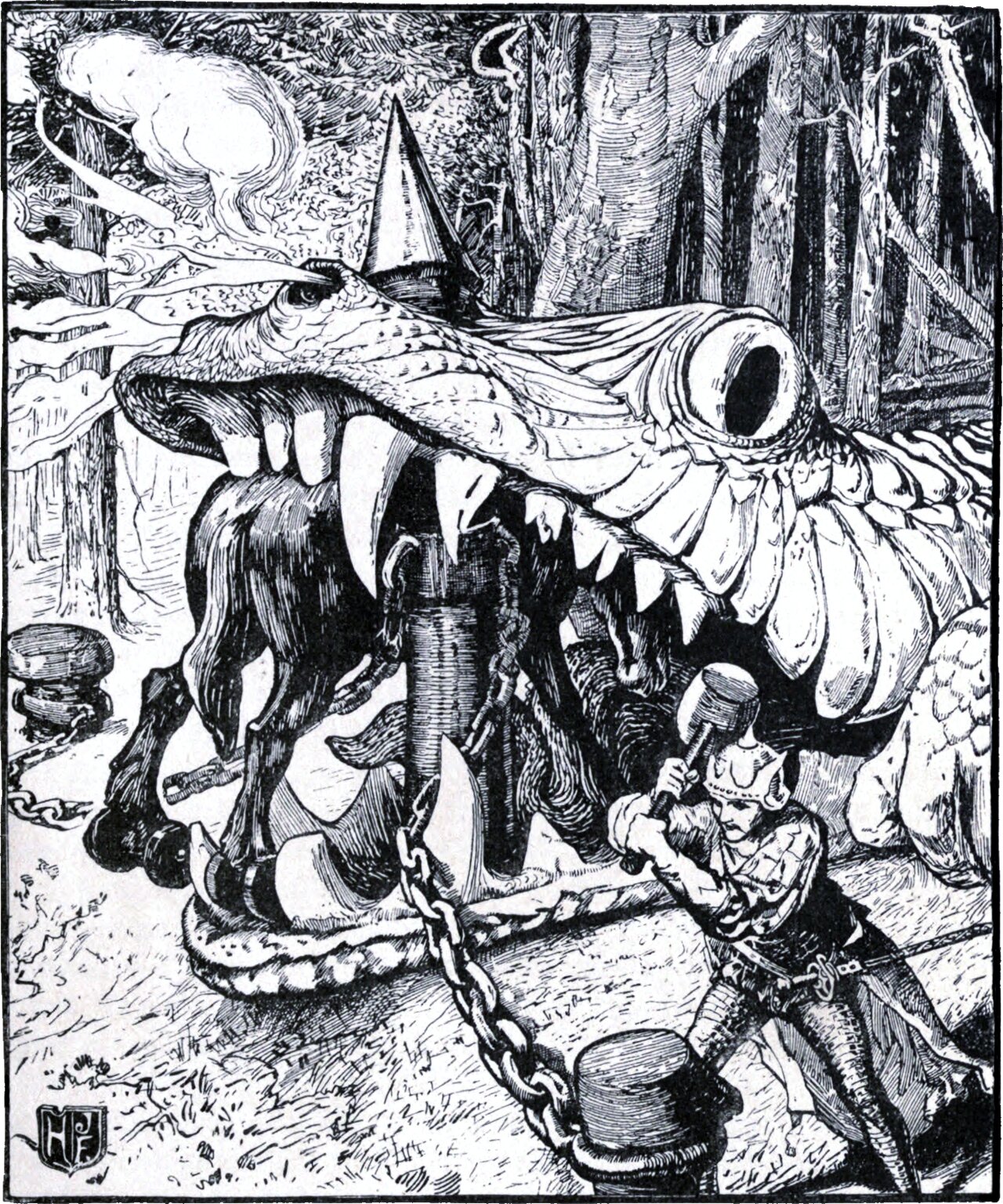 An enormous reptilian head with a long ridged snout, one huge round eye and two rows of white fangs fills the upper frame. A thick spear has been driven upward through its lower jaw, and an iron horse is clamped in its teeth. At right a young man in a crested helmet and mail swings a mallet two-handed to drive an iron peg, holding a heavy chain, into the ground.