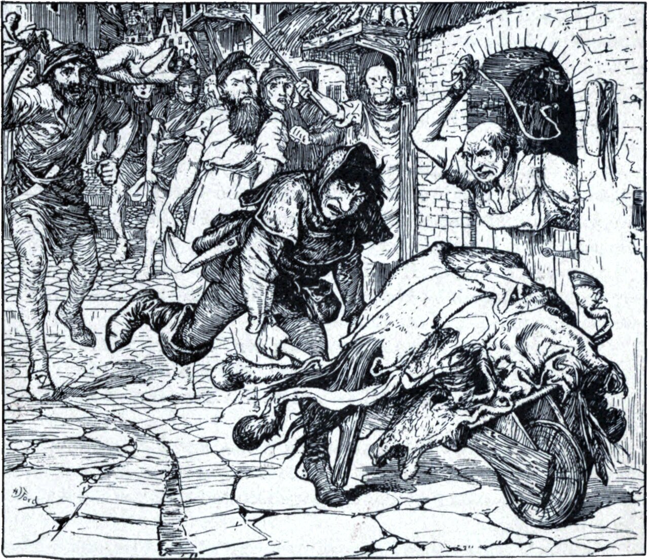 A cobbled street. A man in a cloak and cap runs to the right pushing a barrow loaded with a hide, its legs sticking out. Behind him a crowd of men in caps and smocks give chase, several with raised sticks and one with a scythe; another leans out of an archway at the right swinging a strap.