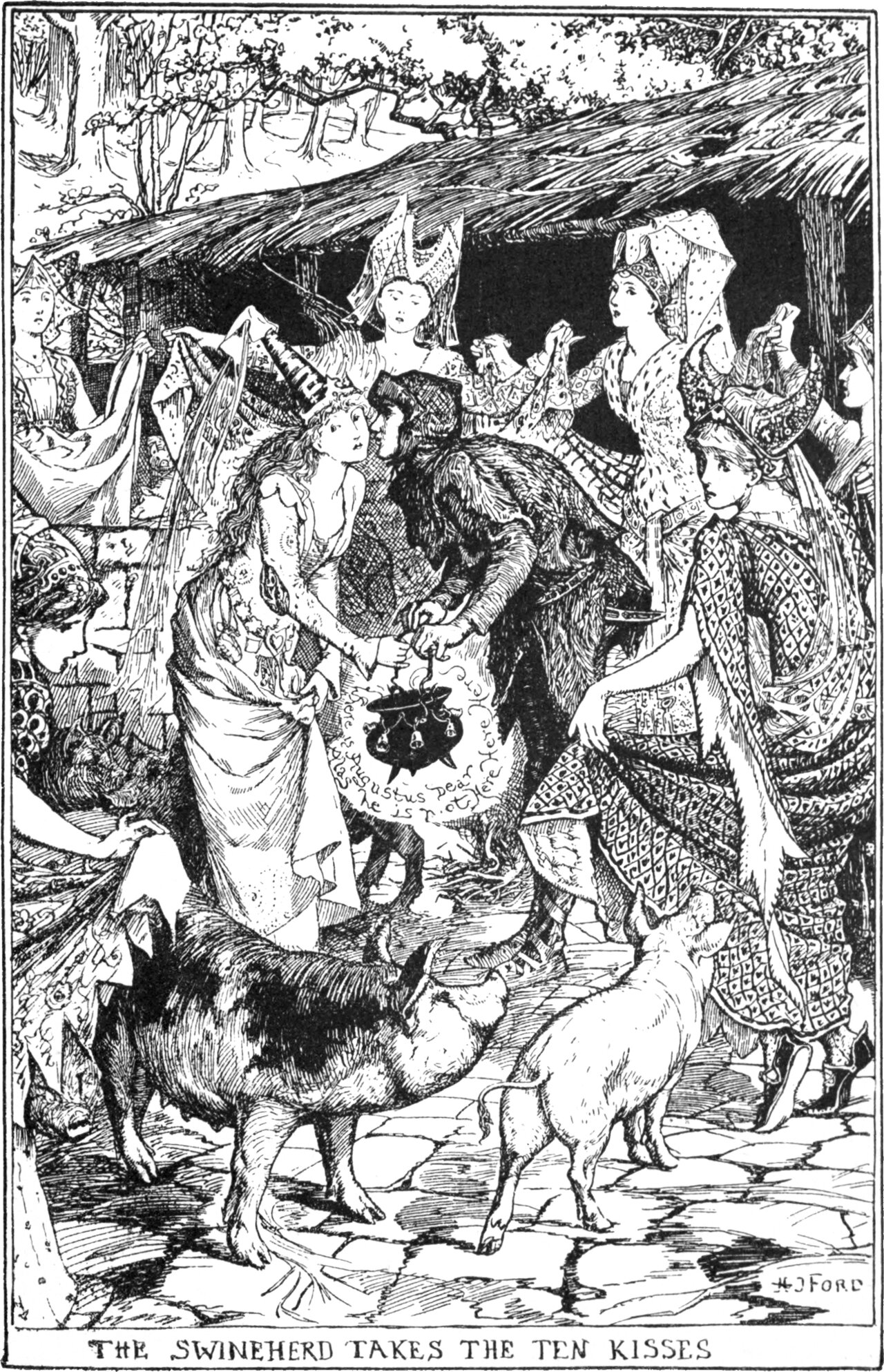 Under a thatched shed, a young woman in a pointed crown and a fringed gown stands face to face with a man in a fur-collared cloak and cap; between them they hold up a small pot hung with bells, its side lettered. A crowd of courtiers and women in tall horned headdresses presses round them, and two pigs stand on the flagstones in the foreground. The panel below reads THE SWINEHERD TAKES THE TEN KISSES.