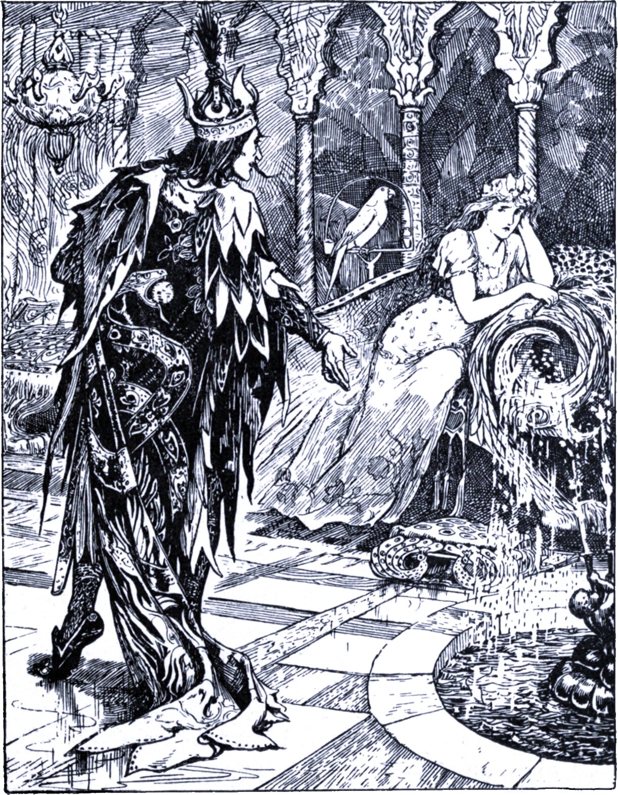 A tiled hall with slender columns. A crowned figure in a long feathered and jagged robe walks in from the left, one hand extended. At the right a young woman in a coronet reclines on a couch by a fountain, turning to look at him. A parrot sits on a perch in an arched recess behind, and water spills into a basin in the foreground.