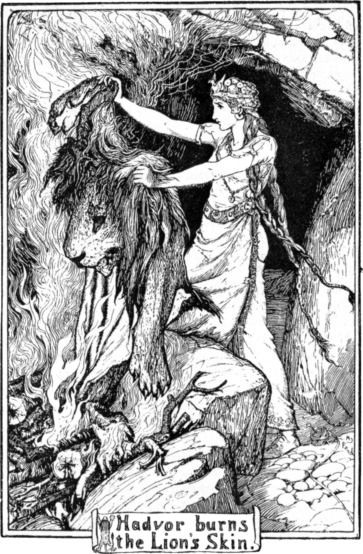 At a cave mouth, a young woman in a crown and a long belted gown kneels on a rock and holds a heavy lion's skin, complete with head and paws, out over a fire; flames and smoke rise around it. Her long plait hangs to the ground behind her and cut logs lie under the blaze. The panel below reads Hadvor burns the Lion's Skin.