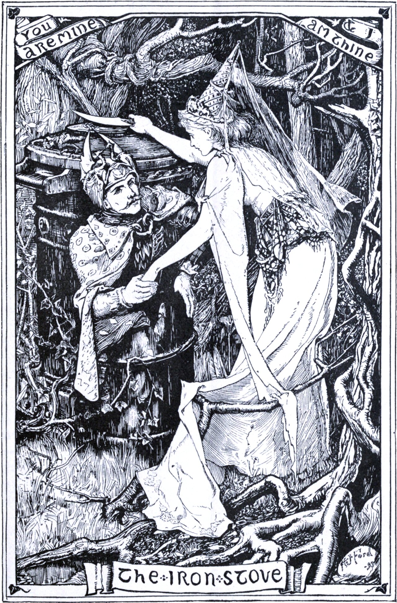 In a tangled wood a young woman in a long gown and a tall crowned headdress reaches down to take the hand of a small horned figure in a cap and patterned cloak who sits in the mouth of a large dark iron stove. Her other arm is raised holding a blade. Two scrolls at the top read You are mine and I am thine, and a ribbon below the frame reads The Iron Stove.