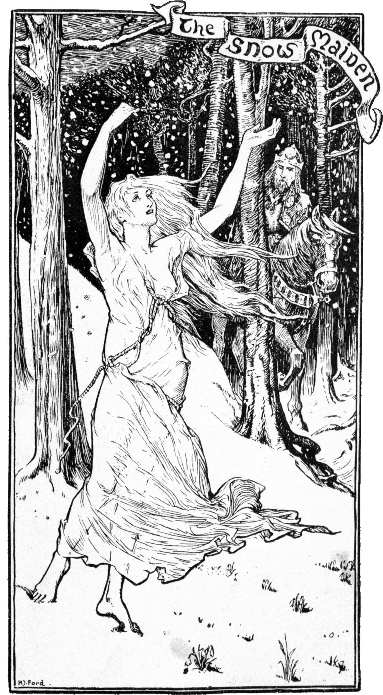 A young woman in a loose belted gown runs barefoot through a snowy birch wood, her long hair and skirts streaming behind her and both arms raised. Snow falls thickly and lies on the ground. Behind a trunk at the right a bearded man in a fur cap sits a horse, watching her. The banner above reads The Snow Maiden.