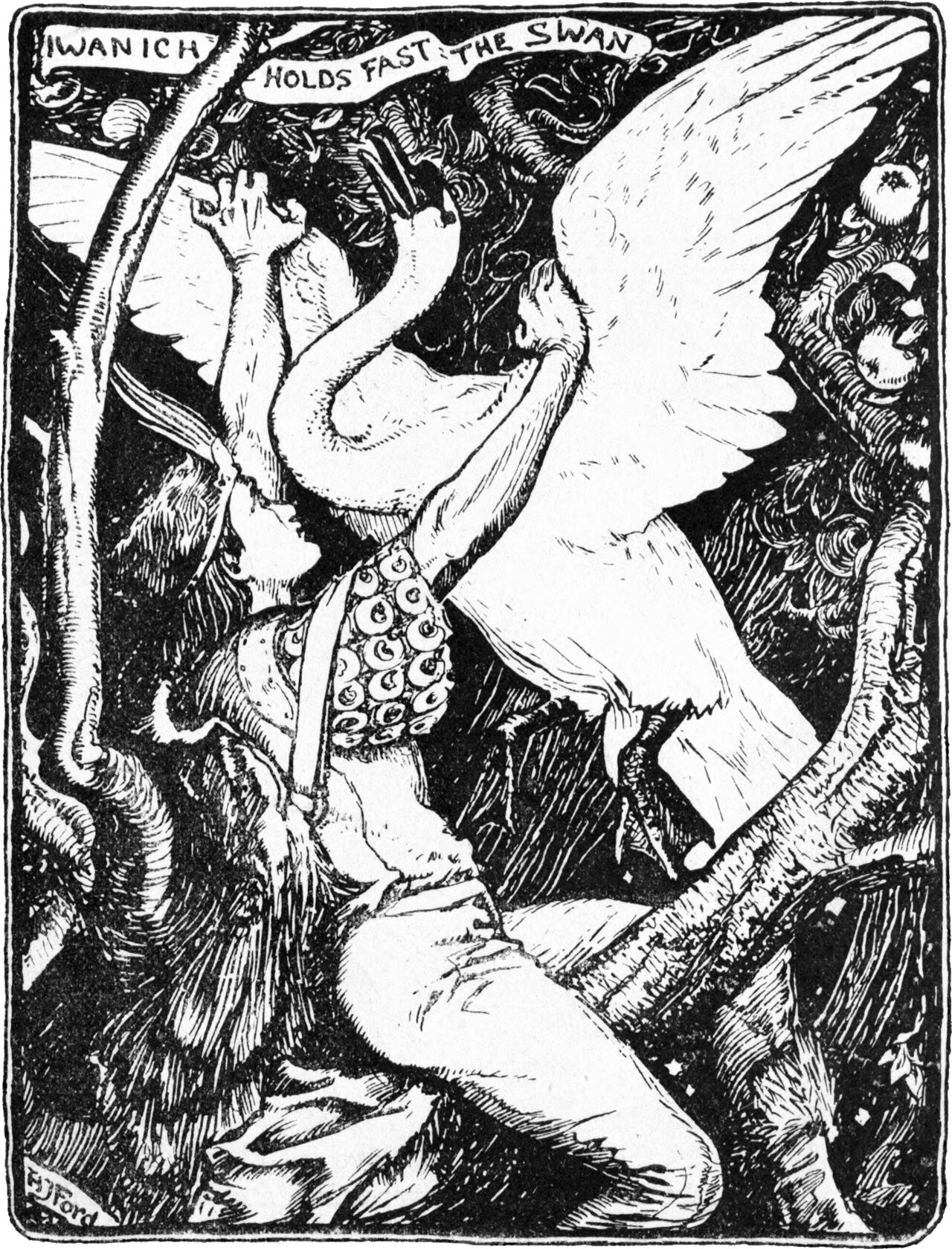 A young man in a scaled tunic and a plumed cap kneels among branches, gripping the neck of a large white swan with both hands while it beats its wings and thrusts its head upward. Apple boughs and heavy foliage fill the frame. A ribbon at the top reads IWANICH HOLDS FAST THE SWAN.