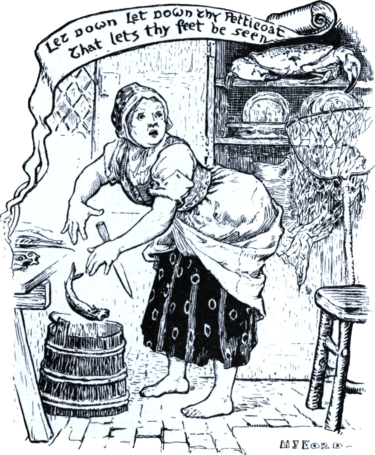 A kitchen. A barefoot young woman in a headscarf, apron and spotted skirt bends over a wooden tub, holding a small fish and a knife, and turns to look over her shoulder. A large crab sits on a shelf above her beside two covered dishes, and a fishing net hangs at the right. A scroll across the top is lettered Let down let down thy petticoat That lets thy feet be seen.