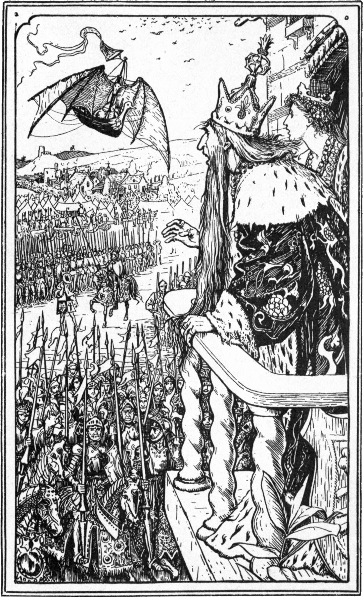 From a balcony at the right a long-bearded king in a jewelled crown and ermine robe leans out with one hand raised, a crowned woman beside him. Below and beyond, a dense army of helmeted spearmen fills the whole left of the frame, with mounted knights, tents and a walled town behind. The winged ship flies in the sky at the upper left.