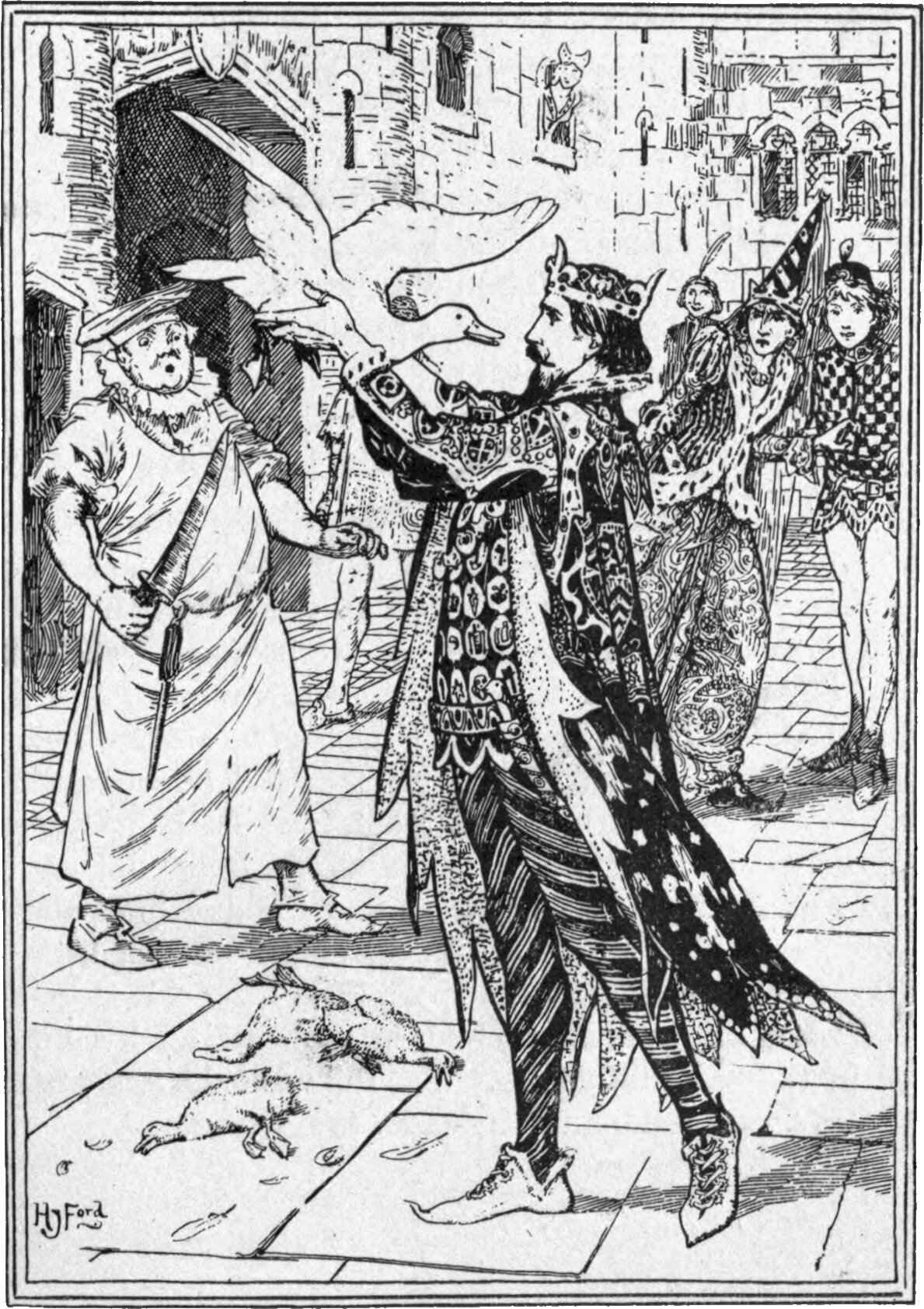 A paved street before a stone gateway. A crowned man in a long patterned robe strides forward with one arm raised, a white goose beating its wings against his hand; a pale-faced man in a smock stands at the left with his hand out. Two dead geese and scattered feathers lie on the pavement, and three courtiers walk away up the street behind.