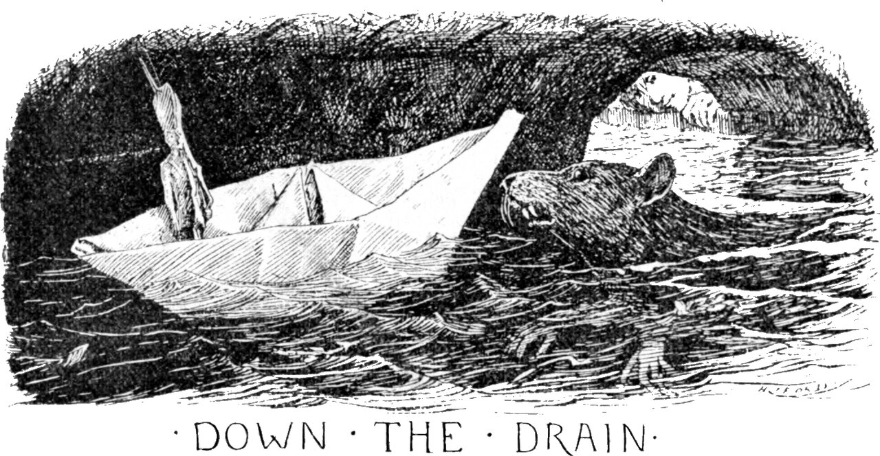 A folded paper boat rides choppy water under a low arch, a small one-legged toy soldier standing upright in it with his weapon shouldered. A large rat swims alongside at the right, mouth open and clawed forefeet breaking the surface. The lettering below reads DOWN THE DRAIN.