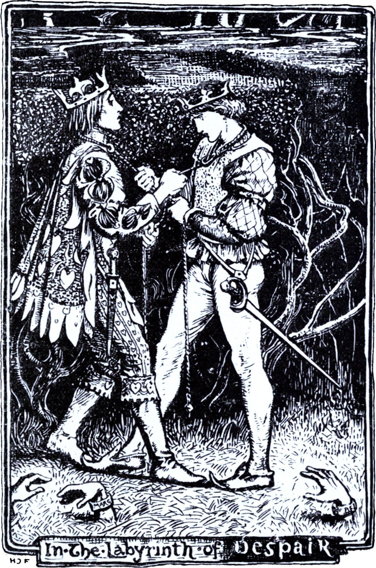 Two crowned men walk together through a dark tangled wood, the shorter in a heart-patterned cloak gripping the taller one's wrist and speaking to him; the taller wears a ruff and carries a rapier. A skull and two severed hands lie in the grass in the foreground. The panel below is lettered In the labyrinth of Despair.