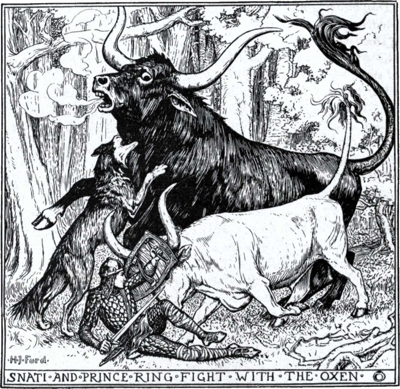 In a wood, a huge black long-horned ox roars with its head up and steam from its mouth. A rough-coated dog leaps at its shoulder, jaws open, while below them a small figure in mail and a helmet crouches with a shield and a short blade. A second, pale ox charges from the right. The panel below reads SNATI AND PRINCE RING FIGHT WITH THE OXEN.