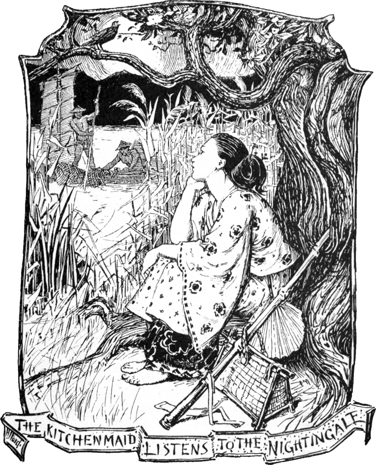 A young woman in a flowered robe sits on a tree root at the water's edge, her chin lifted, listening; a broom and a wooden frame lean against the trunk beside her. Reeds fill the middle distance and two figures pole a covered boat along the water behind. The banner below reads THE KITCHENMAID LISTENS TO THE NIGHTINGALE.