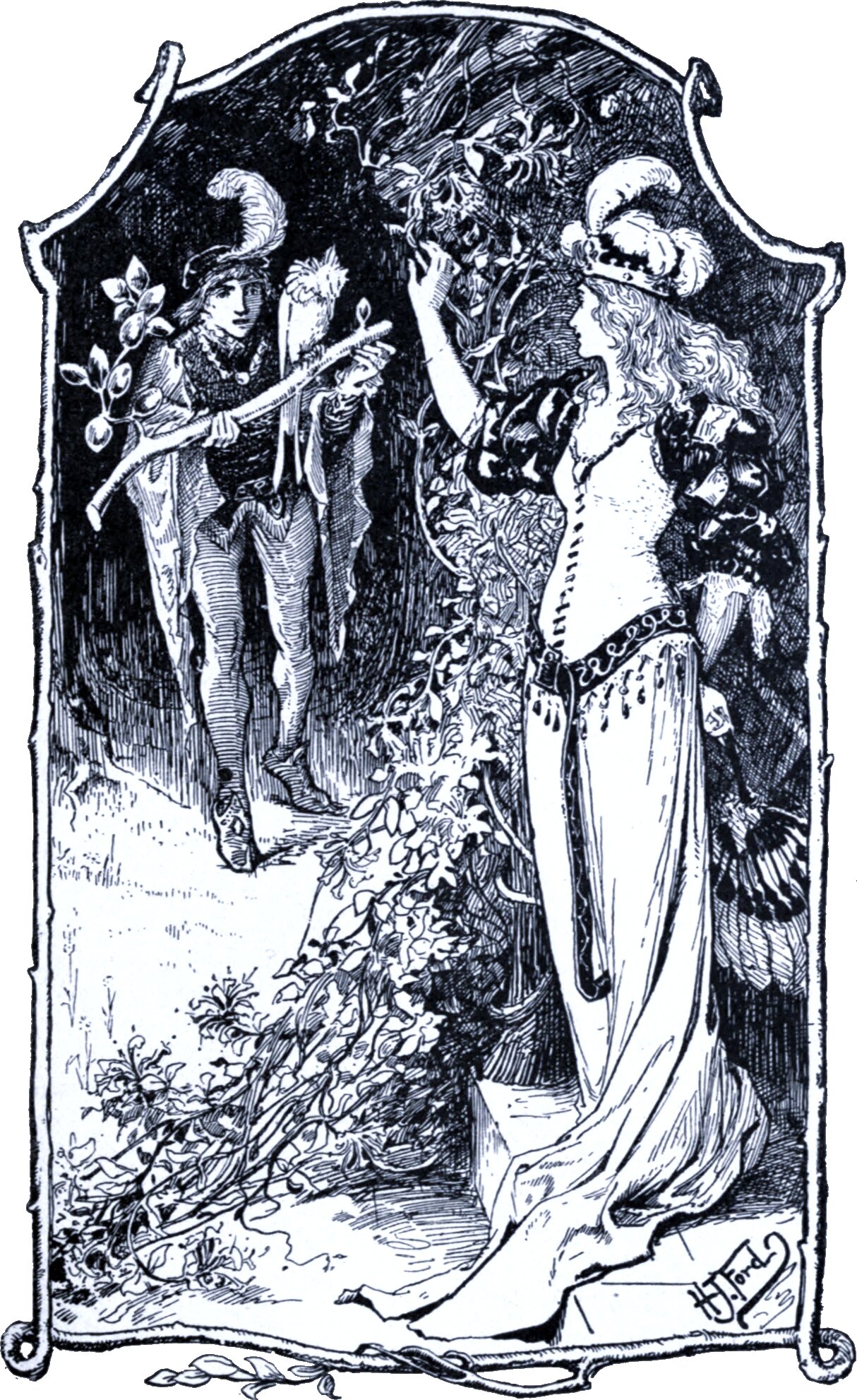 A young man in a plumed cap and short cloak walks out of a dark wood carrying a long staff over his shoulder with a bird perched on it. Facing him at the right a woman in a crowned headdress and a long pale gown reaches up into leafy branches. Flowering creeper trails across the foreground.