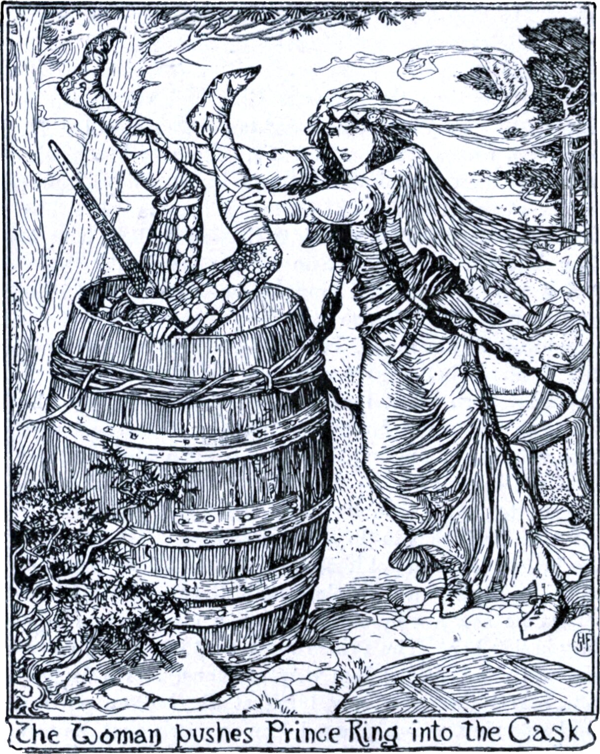 A woman in a headcloth and long gown braces both hands against a pair of booted legs and thrusts them down into an open barrel, the rest of the man already inside; a sword sticks up out of the barrel beside him. A shed and a wooden lid lie behind her. The panel below reads The Woman pushes Prince Ring into the Cask.