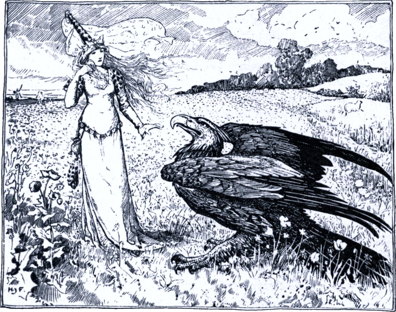 An open meadow of flowers. A young woman in a long gown and a tall pointed crown stands with her hair blowing back, one hand raised to her mouth and the other held out. Facing her on the grass a large eagle crouches with wings half spread and beak open. A windmill and a low line of trees stand on the horizon.