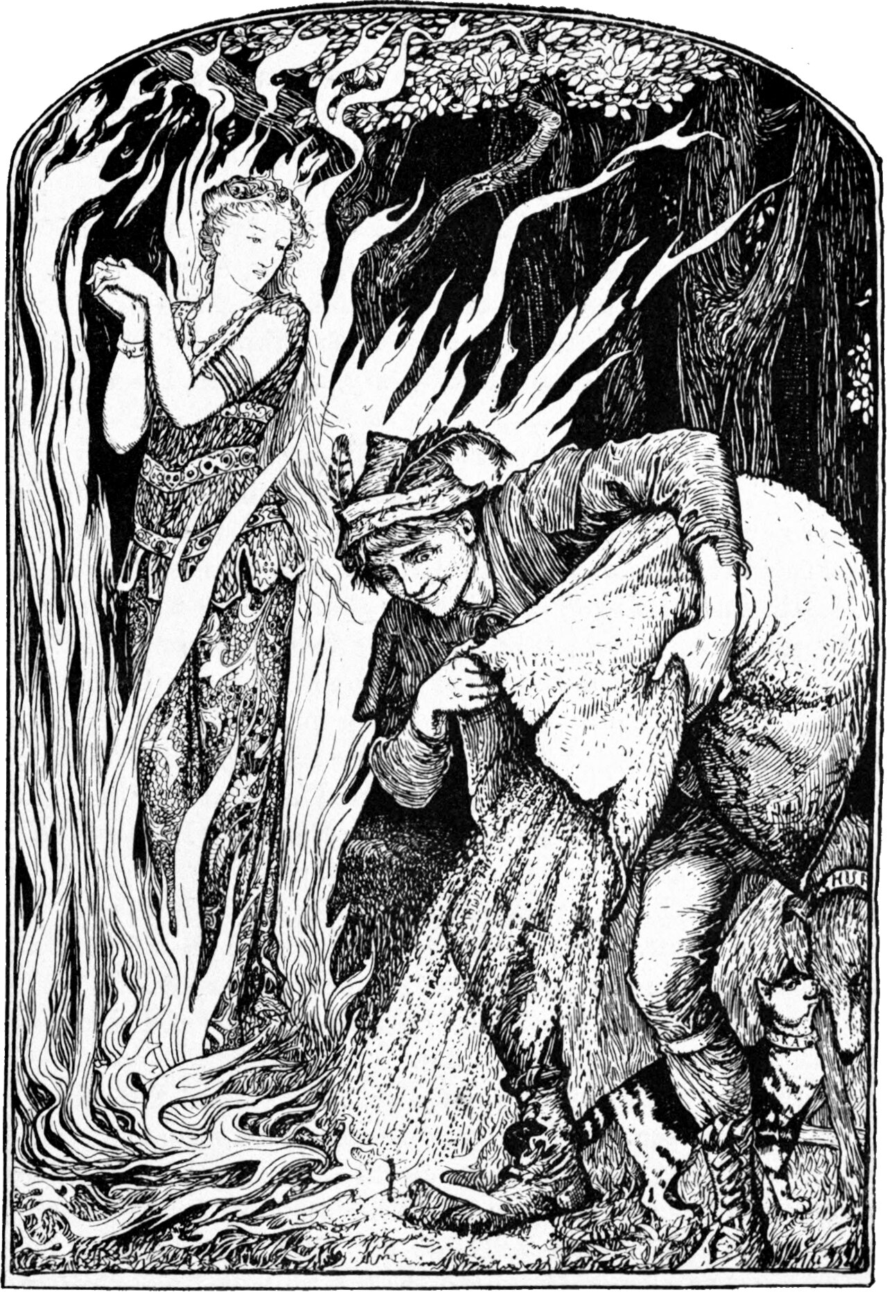 A man in a feathered cap and heavy coat stoops under a large bulging sack, gripping it with both hands, a dog at his heels. Behind him a young woman in a patterned gown stands among pale flame-like tree trunks with her hands raised together at her breast. Blossoming boughs cross the top of the arch.