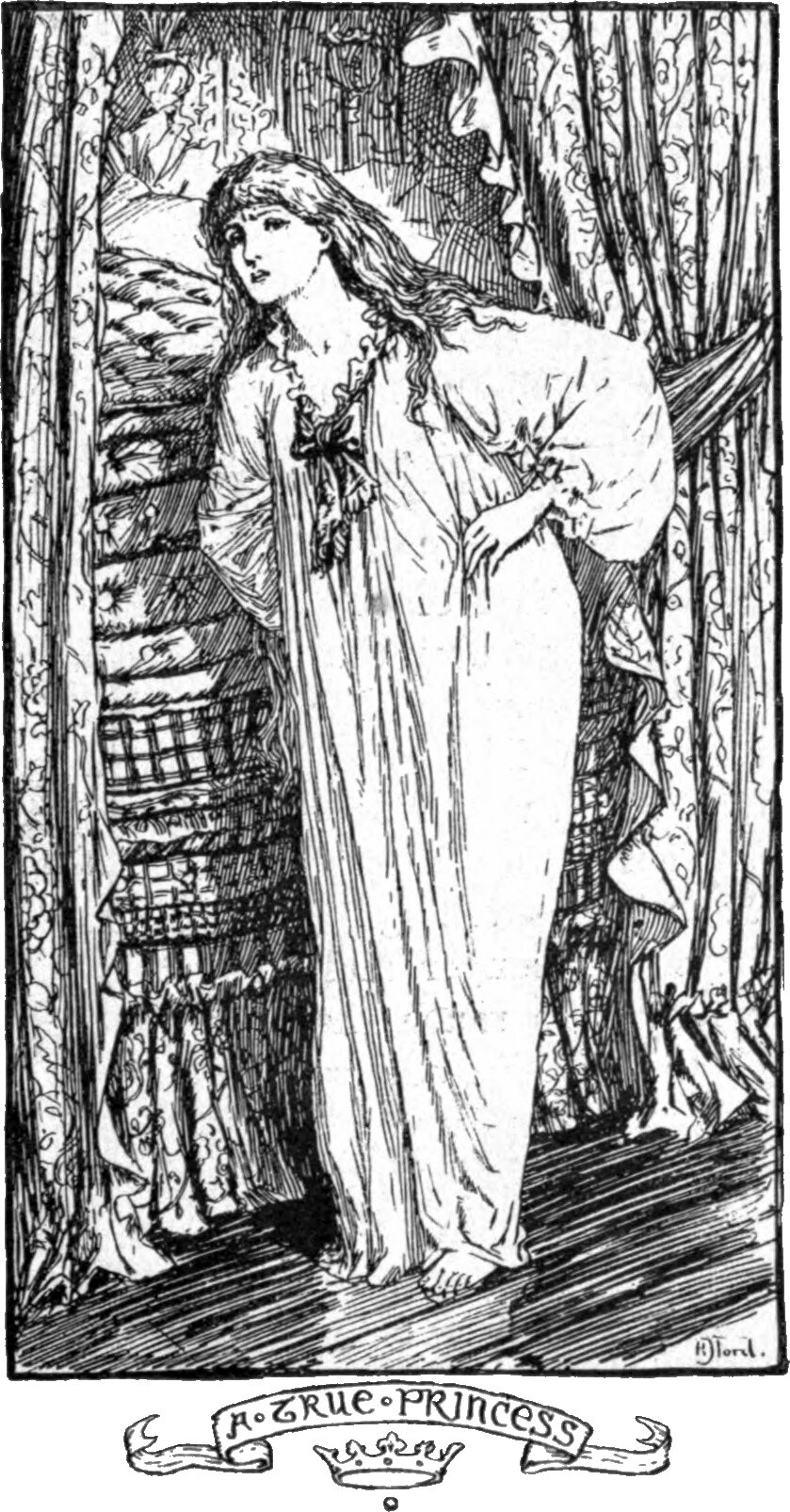 A young woman with long loose hair stands barefoot on a bare floor in a plain nightgown, one hand on her hip, looking up and away. Behind her rises a tall stack of mattresses and quilts between two bed posts, and a heavy curtain hangs at the right. A banner below reads A TRUE PRINCESS over a small crown.
