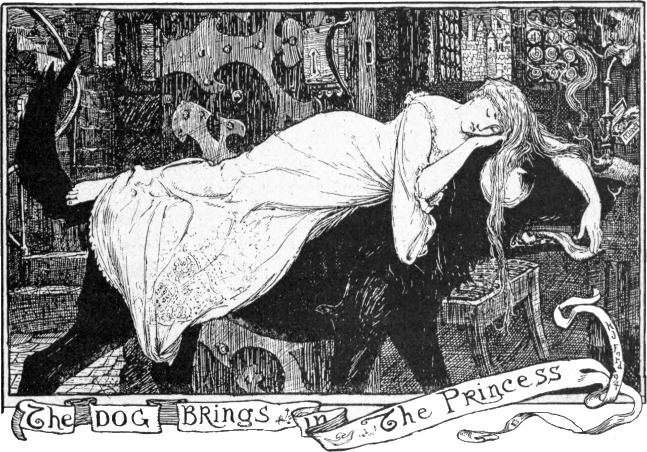 A large black dog pads across a tiled floor carrying a sleeping young woman on its back, her long hair and white gown trailing down over its flank. A four-poster bed and hangings fill the background, and a chest stands at the right. The scroll below reads The Dog Brings in The Princess.