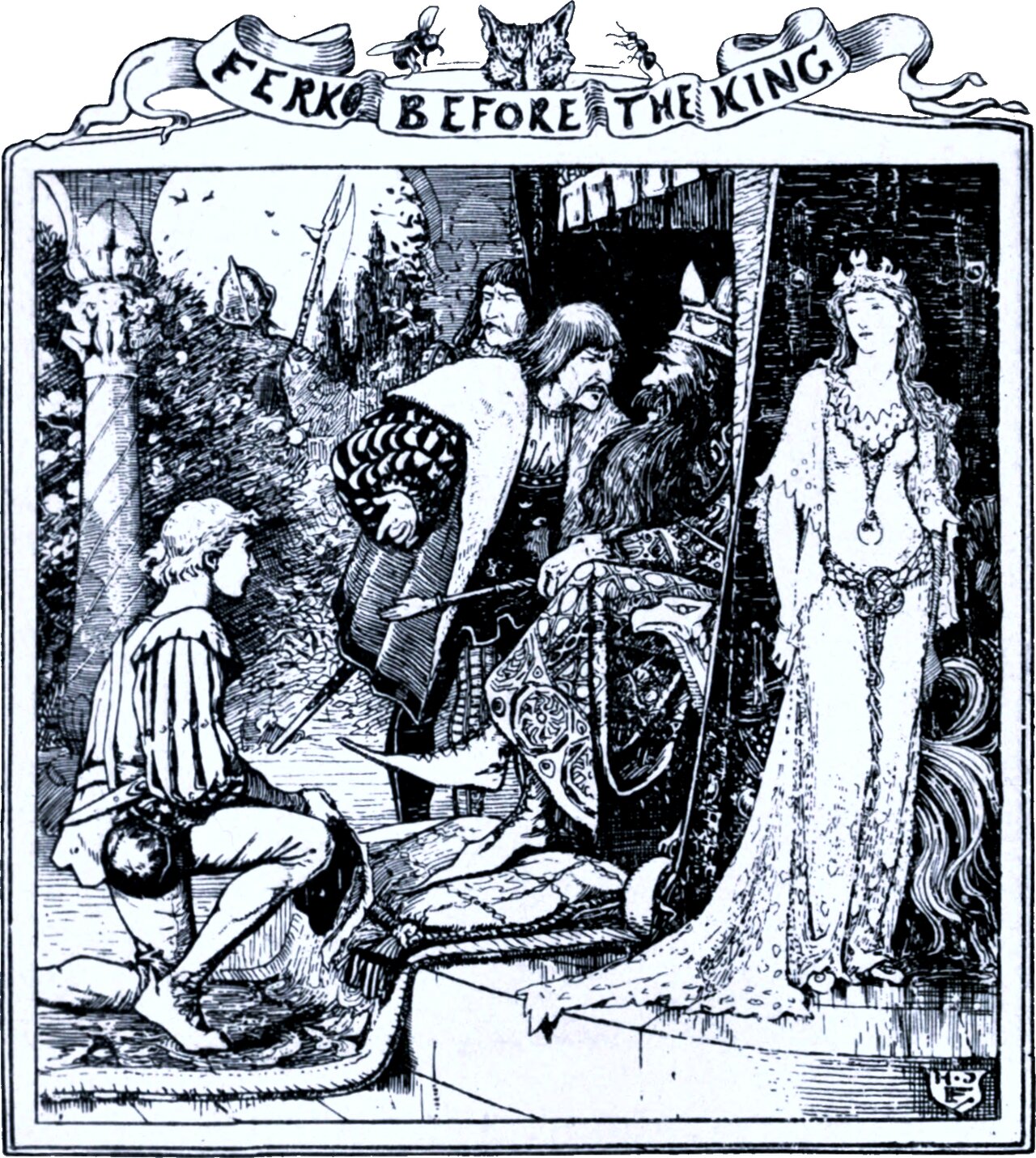 A young man in a striped doublet kneels on a paved terrace, another figure prone at his feet. Facing him stand a long-haired courtier in a scaled cloak and a crowned, bearded king in a horned crown, both leaning forward; a woman in a crown and a pale jewelled gown stands apart at the right. A banner above the frame is lettered FERKO BEFORE THE KING, with a cat's head and two bees on it.