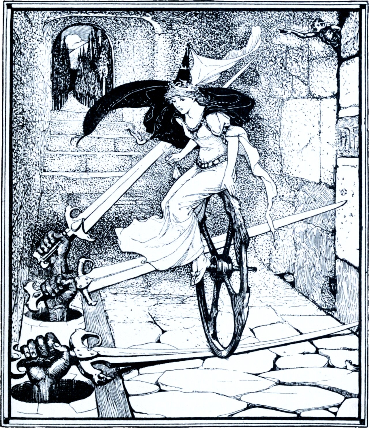 A flagged courtyard beside a stone stair. A young woman in a long gown and tall crowned cap steps across three enormous swords whose blades are laid point to point over a spinning wheel; each hilt is gripped by a severed mailed fist standing on a block. Her cloak streams behind her and a small figure crouches on the steps at the left.