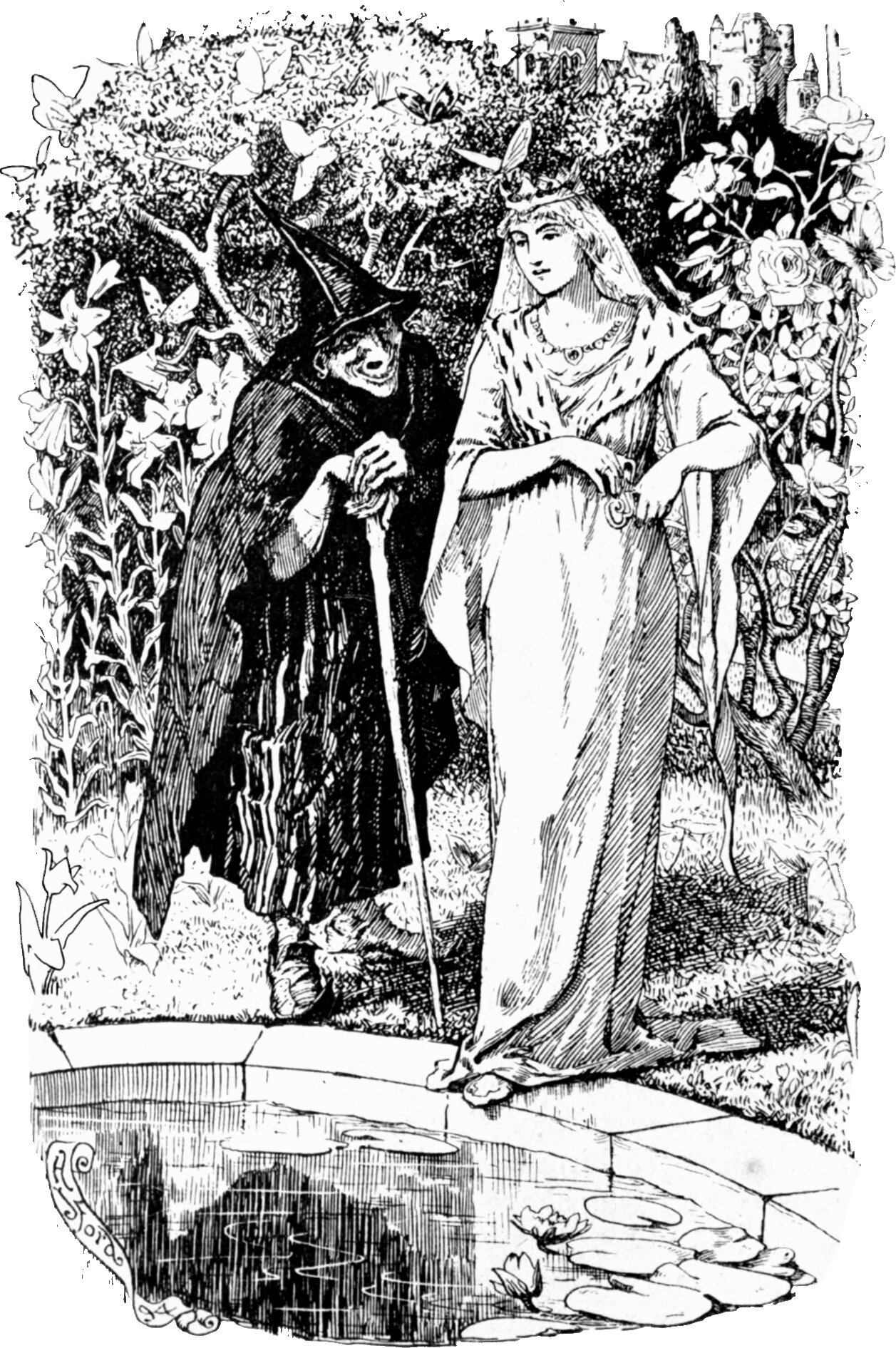 A garden path beside a lily pond. An old woman in a tall pointed hat and a dark hooded cloak walks leaning on a staff at the left; beside her a young woman in a crown, veil and long pale gown walks with her hands clasped in front of her. Lilies and roses crowd both sides and castle towers rise behind the hedge.