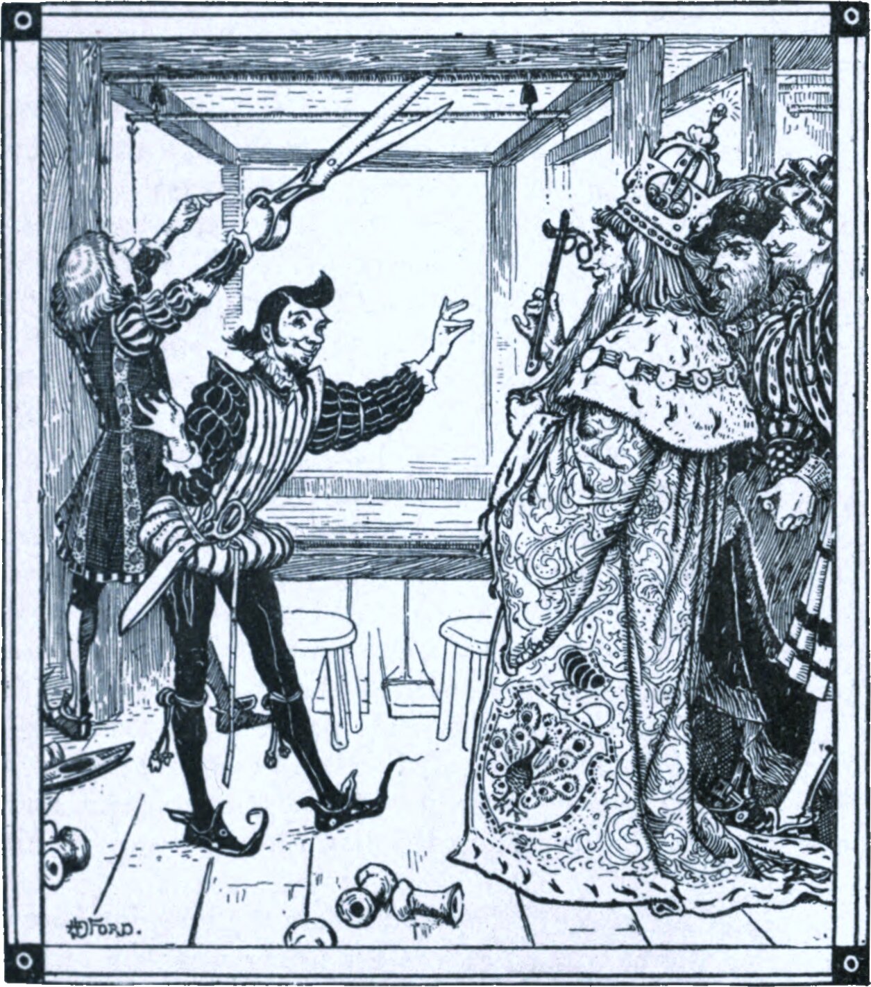 A panelled room. A grinning man in a slashed doublet and long pointed shoes gestures at an empty picture frame or loom, a pair of shears tucked in his belt; a second man behind him holds up open shears at an empty frame. At right a stout crowned king in an embroidered robe raises a quizzing glass to his eye, with two courtiers behind him. Empty stools and bare bobbins lie on the floor.