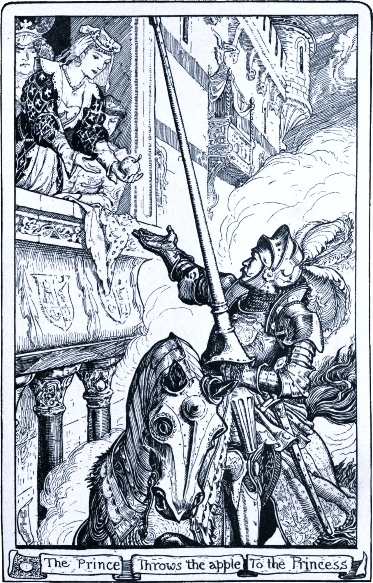 A knight in full plate with a plumed helm sits a barded horse below a tournament gallery, reaching up with a gauntleted hand. Leaning from the gallery above, a young woman in a jewelled gown holds out a round apple; a crowned figure sits behind her. Castle turrets and banners rise at the right. A ribbon below the frame is lettered The Prince Throws the apple To the Princess.
