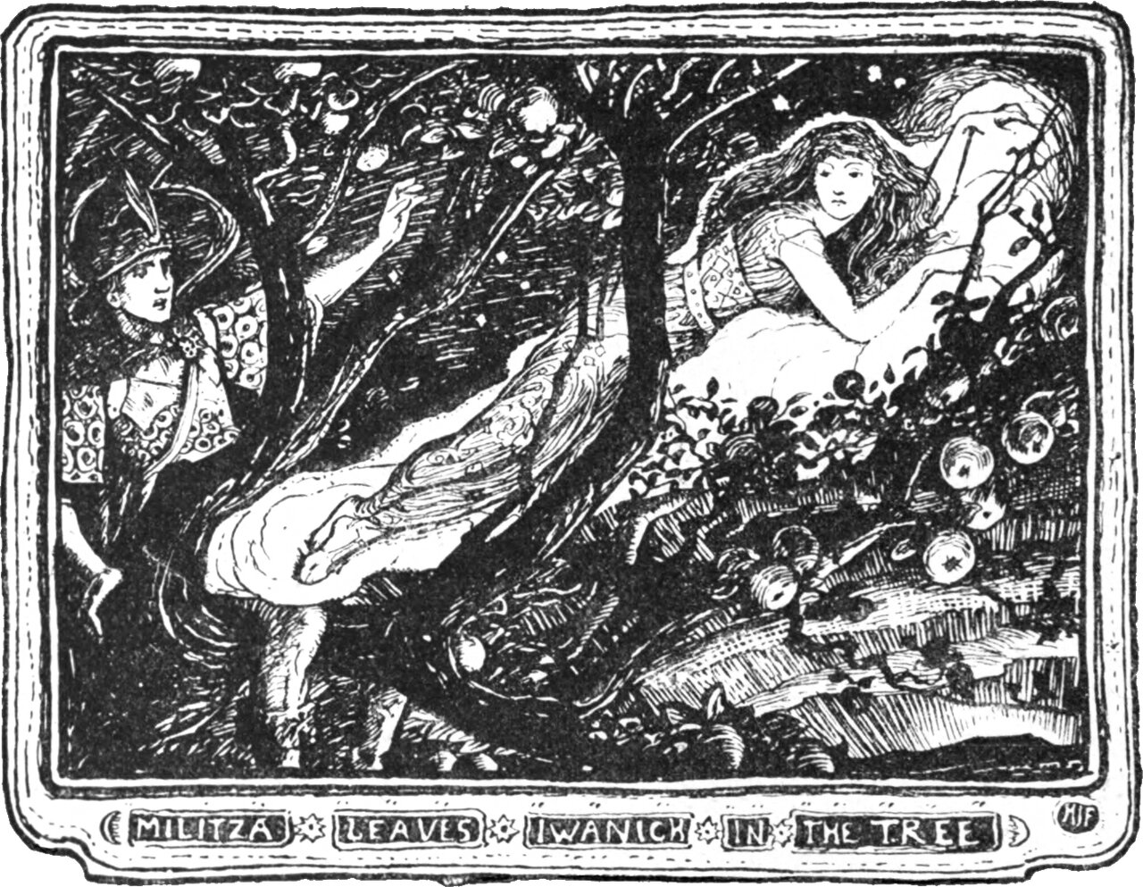 A dark orchard. A young woman with long loose hair lies along a heavy branch at the right, propped on one arm and looking back. At the left a young man in a horned helmet and patterned cloak stands among the boughs, one arm raised. Apples hang and lie fallen around them. The panel below reads MILITZA LEAVES IWANICH IN THE TREE.