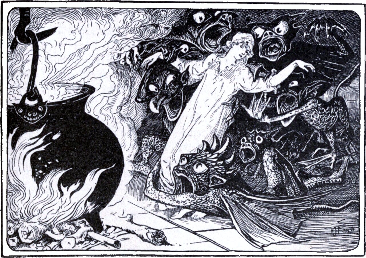 A great black cauldron hangs over a fire at the left, flames and smoke rising round it. At the right a young woman in a long pale gown is seized and pushed forward by a crowd of horned, goggle-eyed demons, one gripping each arm, a scaled winged creature crouching at her feet. Bones lie among the embers on the floor.