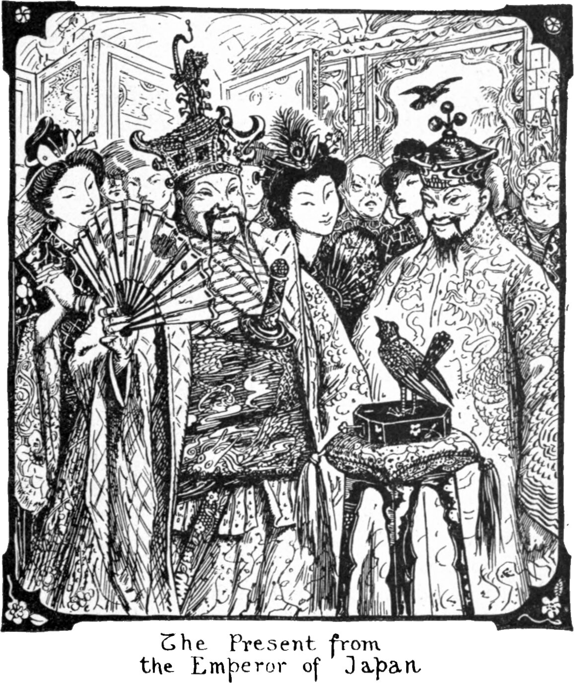 A crowded hall. A bearded man in a tiered crown and embroidered robes stands at the centre holding a fan; a woman with a fan stands at the left and another beside him. At the right a man in a tasselled hat leans over a small casket on a stool, on which a jewelled mechanical bird is perched. Painted screens and a flying bird fill the background. The line below reads The Present from the Emperor of Japan.