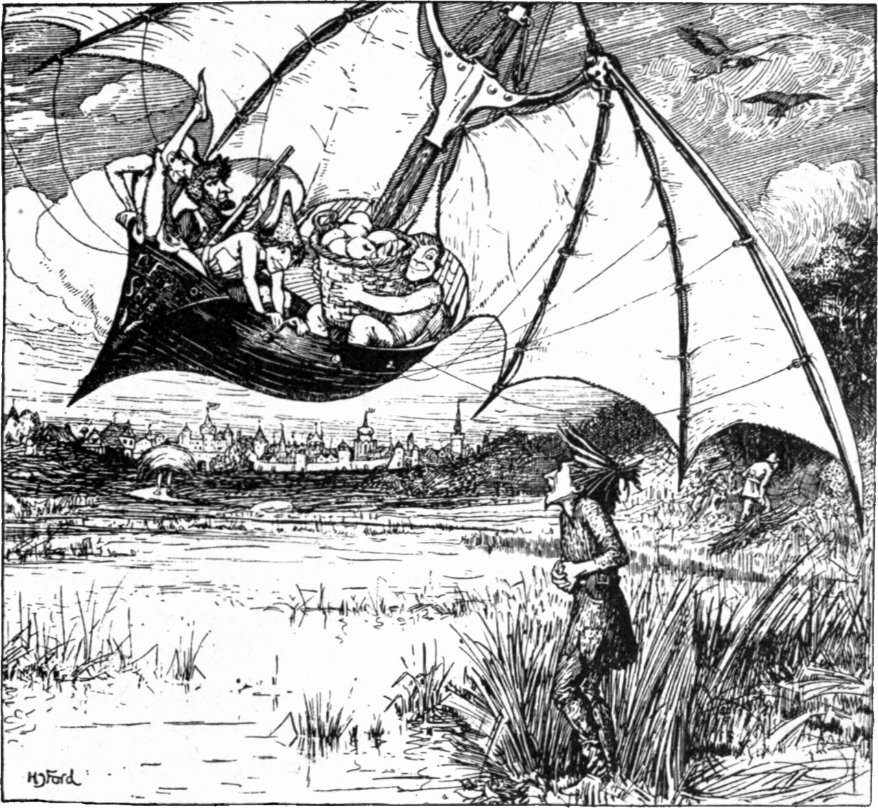 A wooden ship with a curved prow and wide bat-like wings flies low over marshland, its rigging taut. Aboard it a crowd of men sit and stand around a large basket of loaves, one leaning out over the side. Below, a man in a tall cap stands among the reeds at the water's edge looking up, and a walled town lies along the far bank.