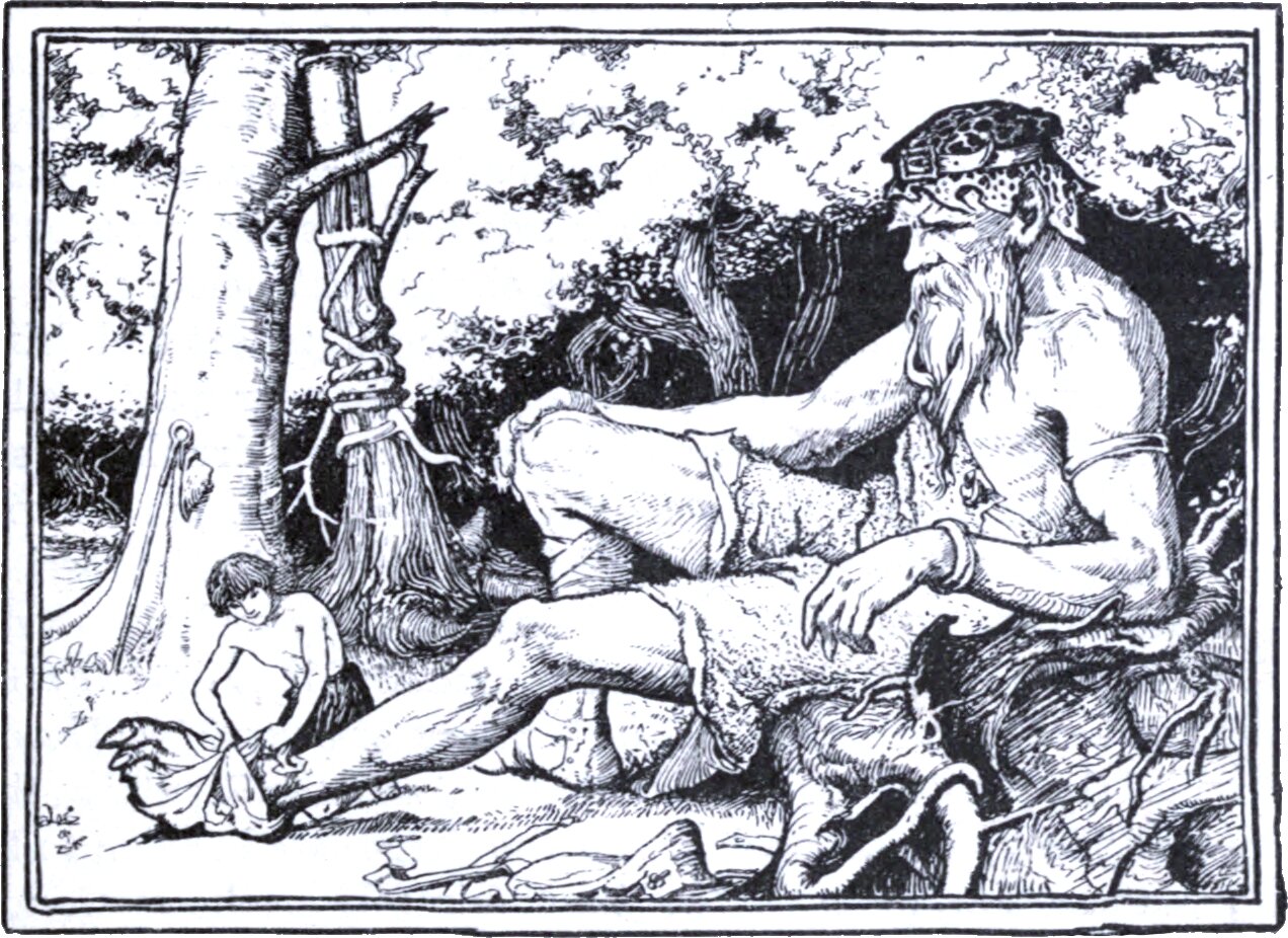 A huge bearded man in a studded cap and a fur wrap reclines against tree roots, his bare leg stretched out across the foreground. A small boy crouches at his foot, binding it with a strip of cloth. An axe and a pair of shoes lie on the ground, and a bound bundle of branches leans against the tree behind.
