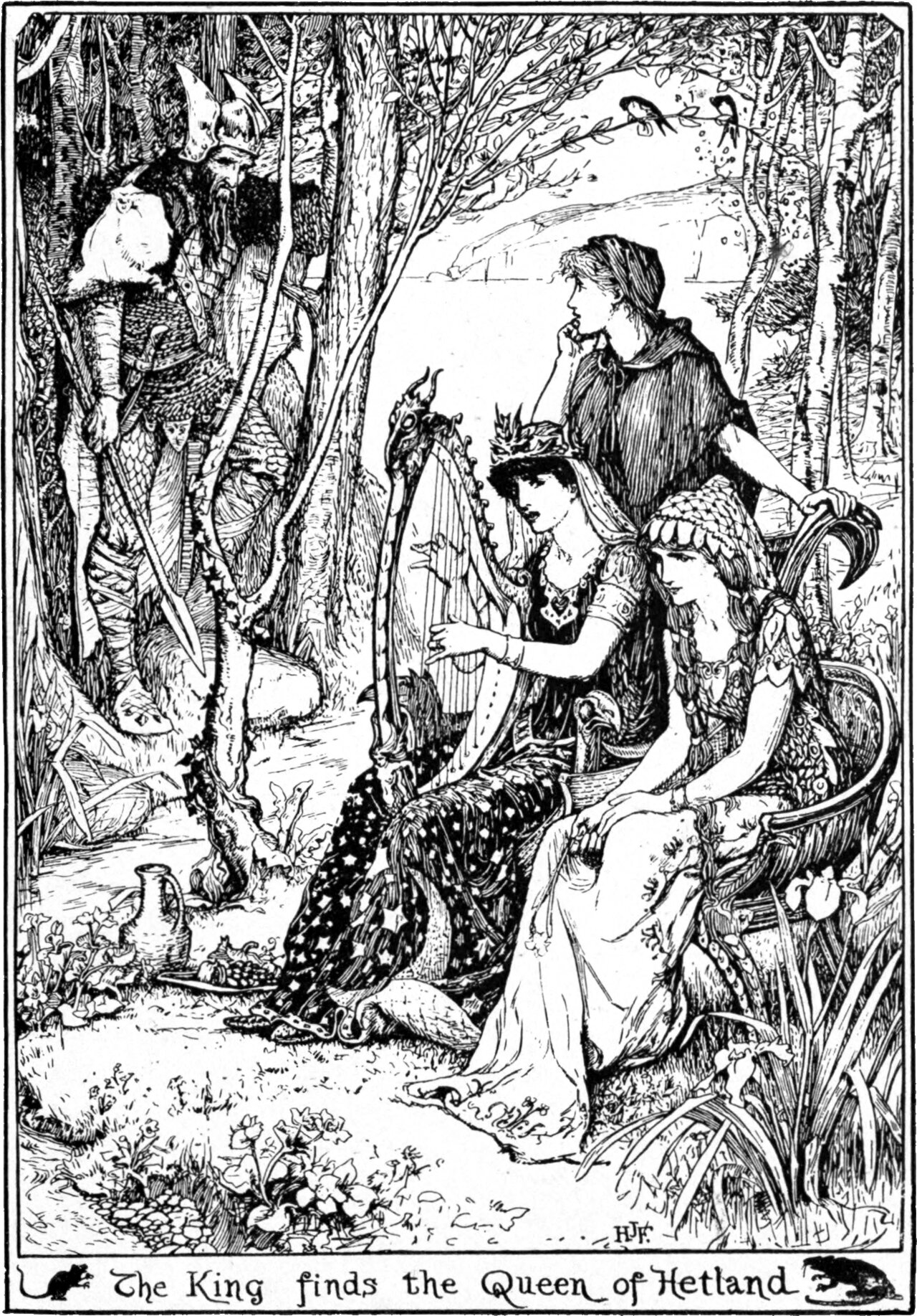 In a birch wood by the shore, a woman in a jewelled crown and a star-patterned skirt sits playing a small harp; a second young woman in a feathered bodice sits beside her looking down, and a third in a hood stands behind with her chin on her hand. At the left two armed figures in scale mail, one with a horned helm and one with a beaked visor, watch from among the trees. A jug and a dish stand on the grass. The panel below reads The King finds the Queen of Hetland.