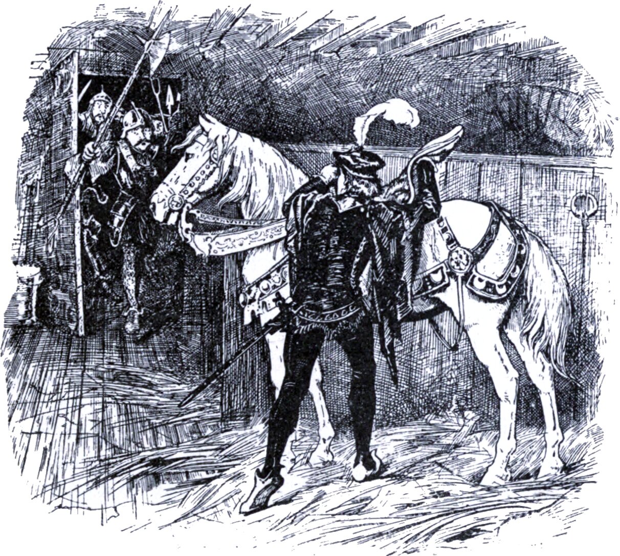 A stable at night. A man in a plumed cap and dark doublet stands with his back to the viewer between two white horses, one saddled and bridled with an ornamented cloth, reaching for its rein. Through a doorway at the left two helmeted guards with spears look in, one holding a lantern.