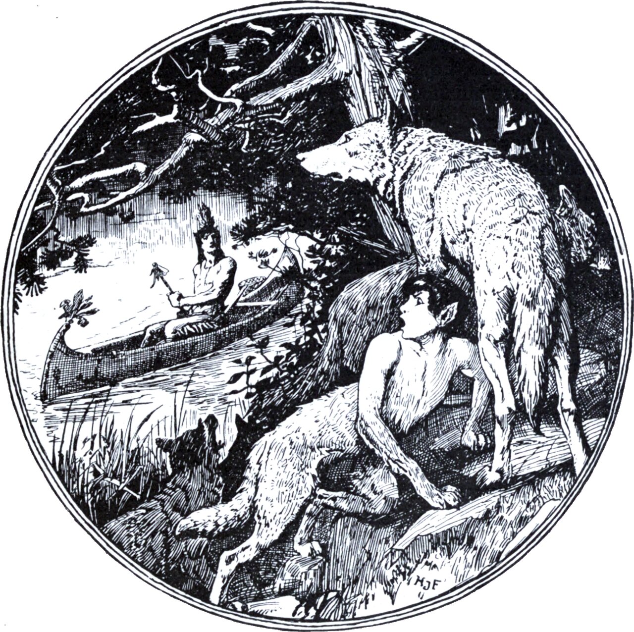 A circular vignette. A bare-shouldered young man half sits on the ground at the right, looking up at a large white wolf that stands over him; a second wolf lies across his legs. Behind, on open water, two figures paddle a canoe past a wooded bank.