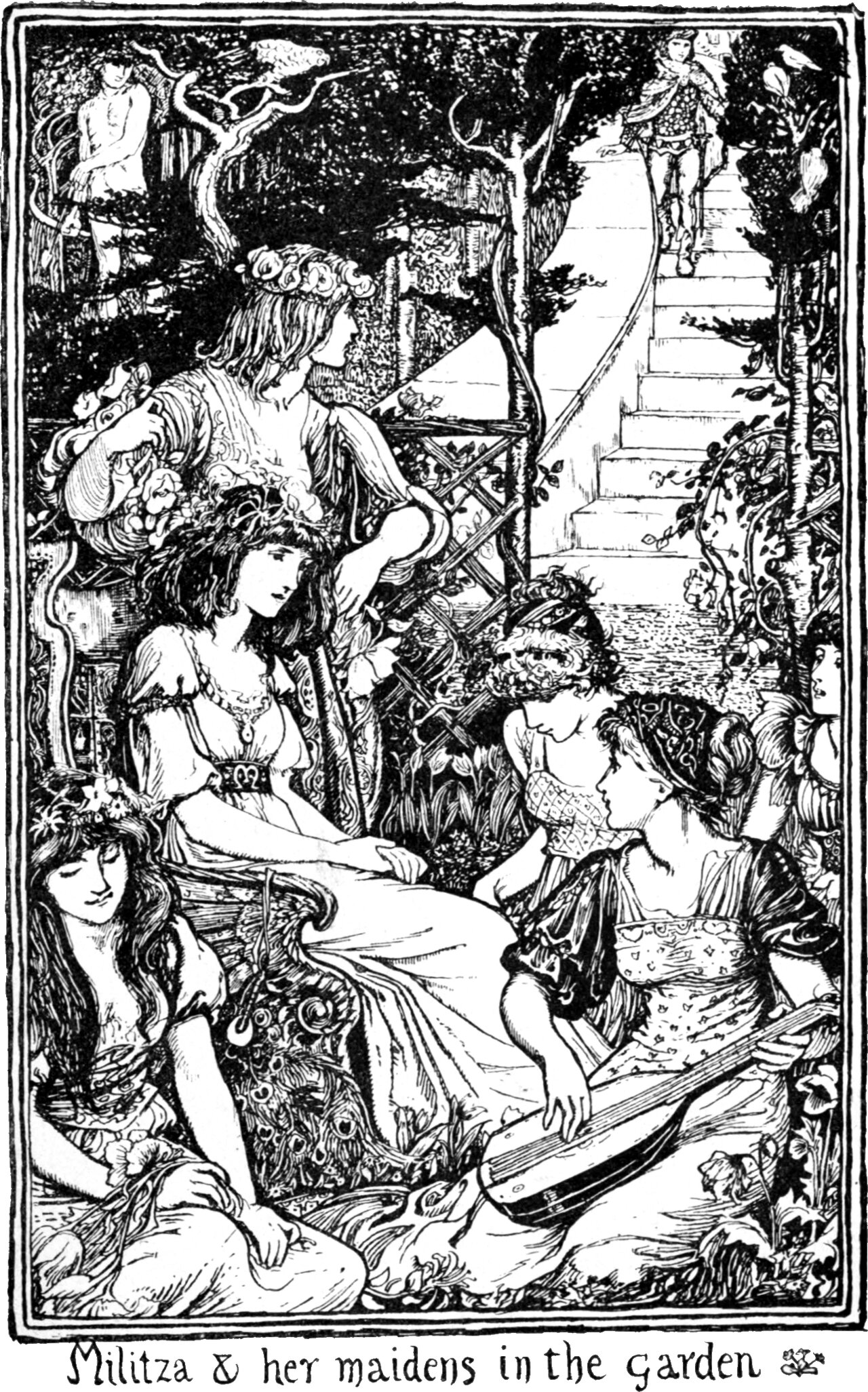 A walled garden with a curving flight of steps. Five young women in flower crowns and loose gowns sit and recline on the grass in the foreground, one holding a lute; another leans on a trellis behind them. Two men stand watching from the upper corners, one at the head of the steps. The panel below reads Militza and her maidens in the garden.