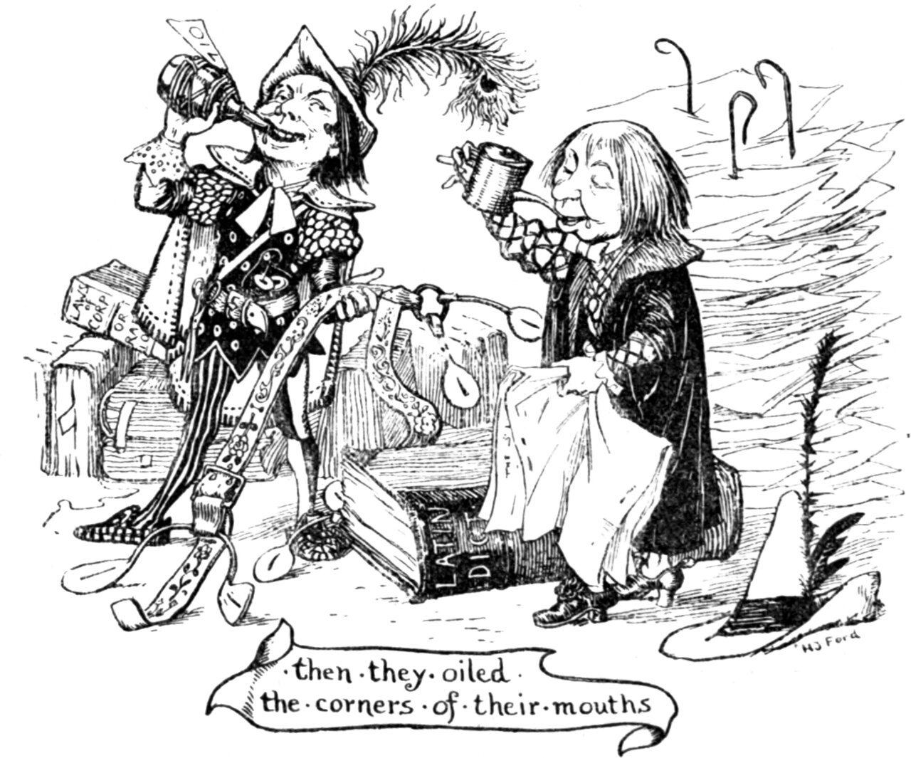 Two men in tall caps and long coats sit among boxes and books, each tipping a vessel to his lips: the one at the left drinks from a large flask, the one at the right from a small cup, and both hold quills. Books lettered on their spines are stacked around them and a scattering of pens lies on the ground. The scroll below reads then they oiled the corners of their mouths.
